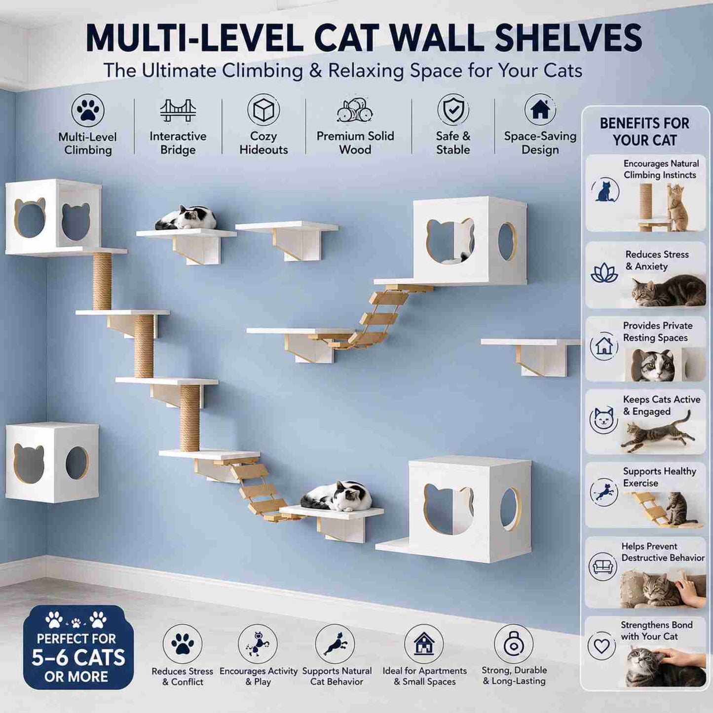 Wall Mounted Cat Tree | Cat Climbing Wall with Bridge & Hideout | Multi-Cat Gym