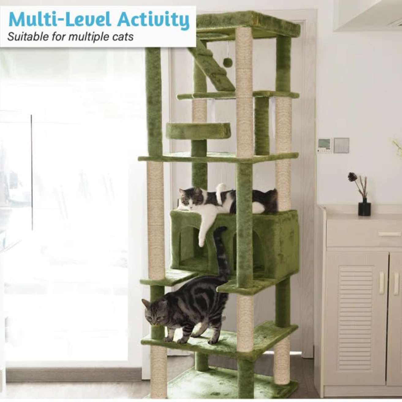 Multilevel Fur Fabric Cat Tree - Ladder | Hanging Ball | Large Condo | Jute Rope Scratching Posts | for Adult Cats & Kittens (Height 75 Inch)