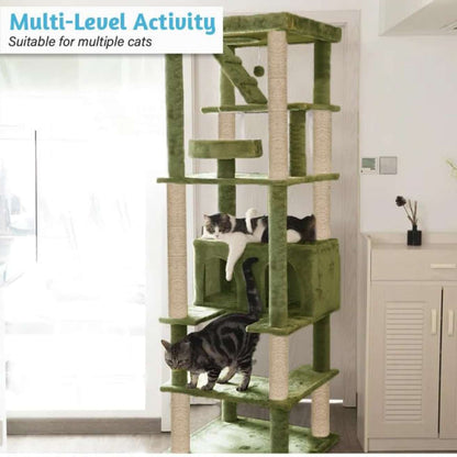 Multilevel Fur Fabric Cat Tree - Ladder | Hanging Ball | Large Condo | Jute Rope Scratching Posts | for Adult Cats & Kittens (Height 75 Inch)