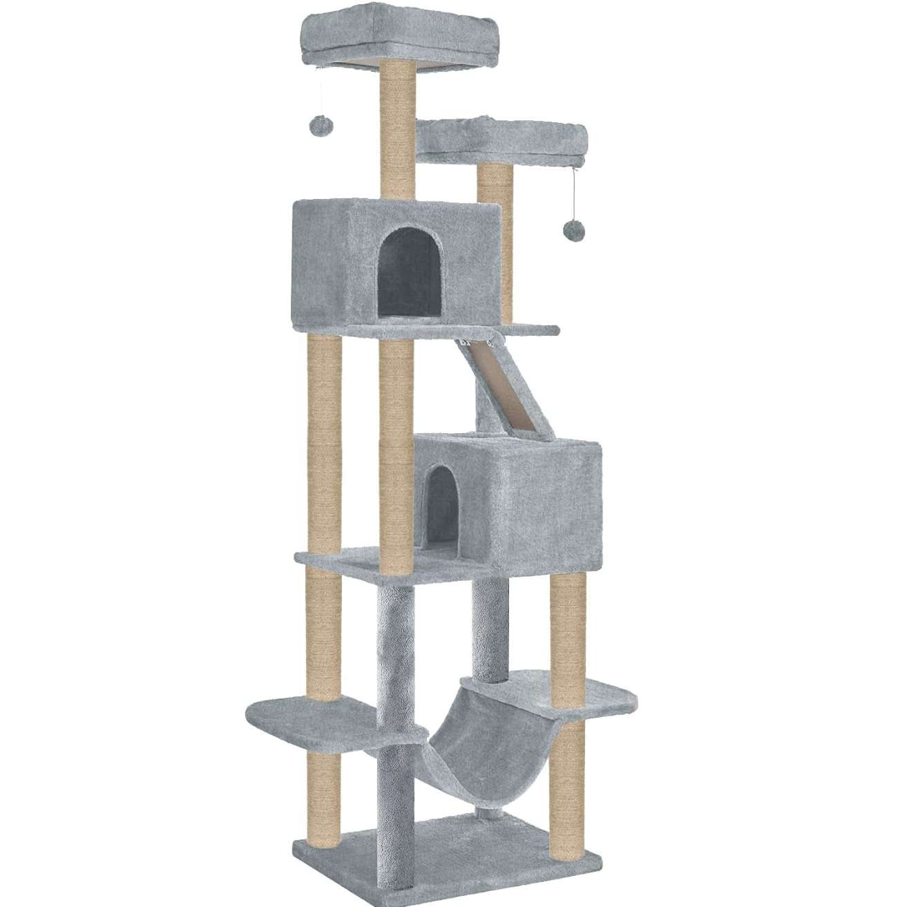 Multistory Kitten Large Cat Tree | Fur Fabric | Hammock | Hanging Balls | Condo | Ladder | Scratching Posts | Sisal/Jute Rope (Height 76 Inch)