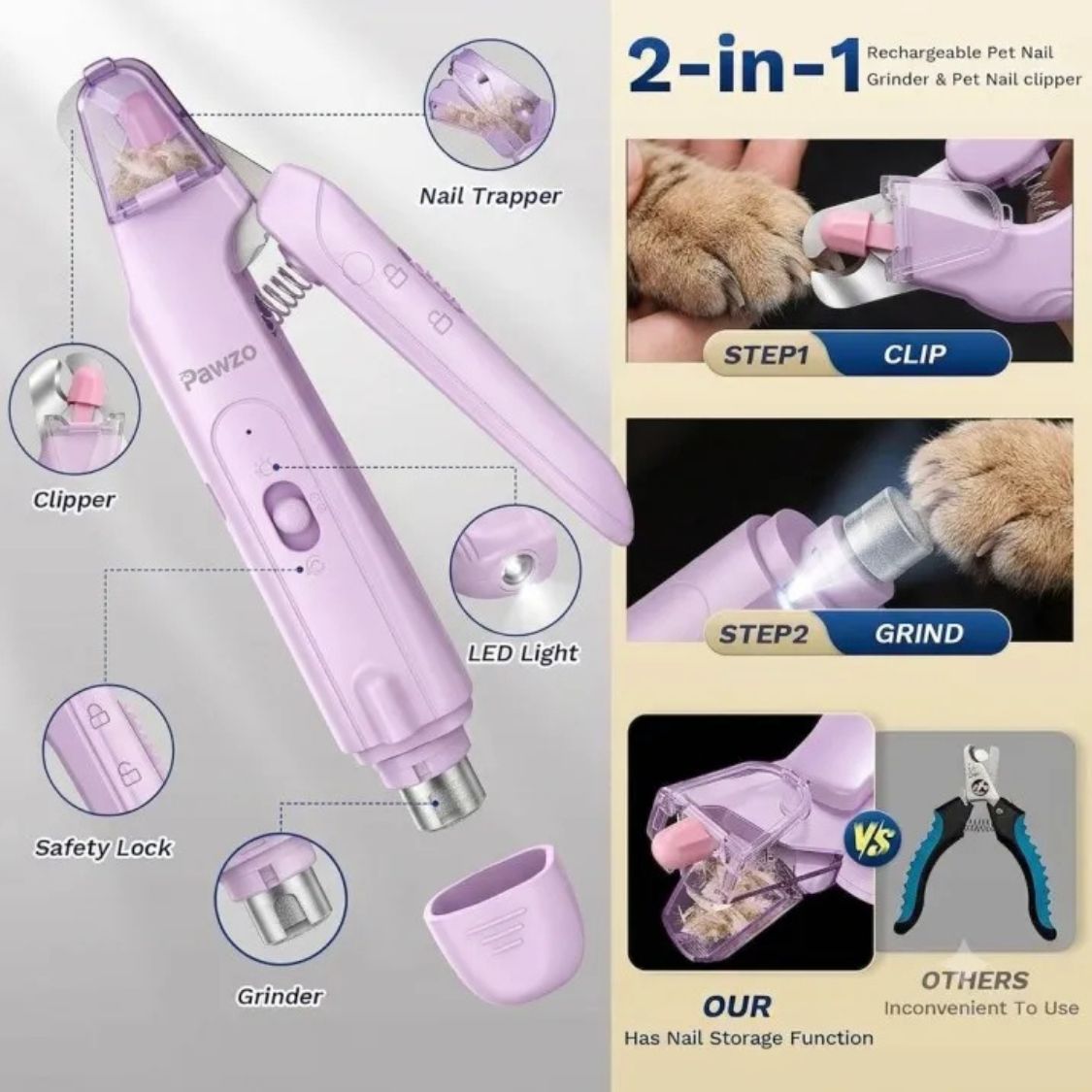 Dog Nail Grinder | Dog Nail Clipper with LED USB Rechargeable 2-in-1 Pet Nail Trimmer for Dogs & Cats
