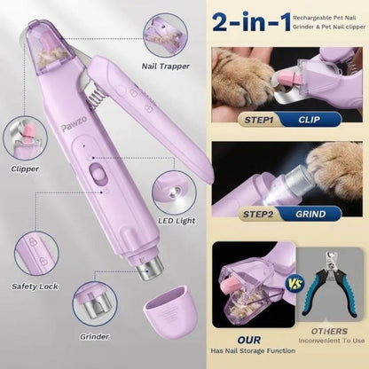 Dog Nail Grinder | Dog Nail Clipper with LED USB Rechargeable 2-in-1 Pet Nail Trimmer for Dogs & Cats