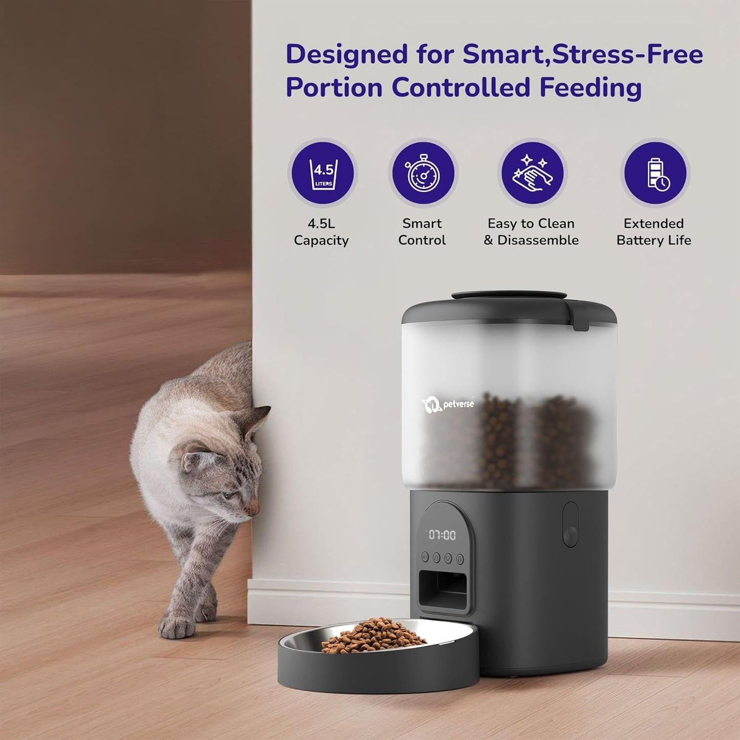 Infographic displaying automatic pet feeder features with a grey cat looking at the bowl.