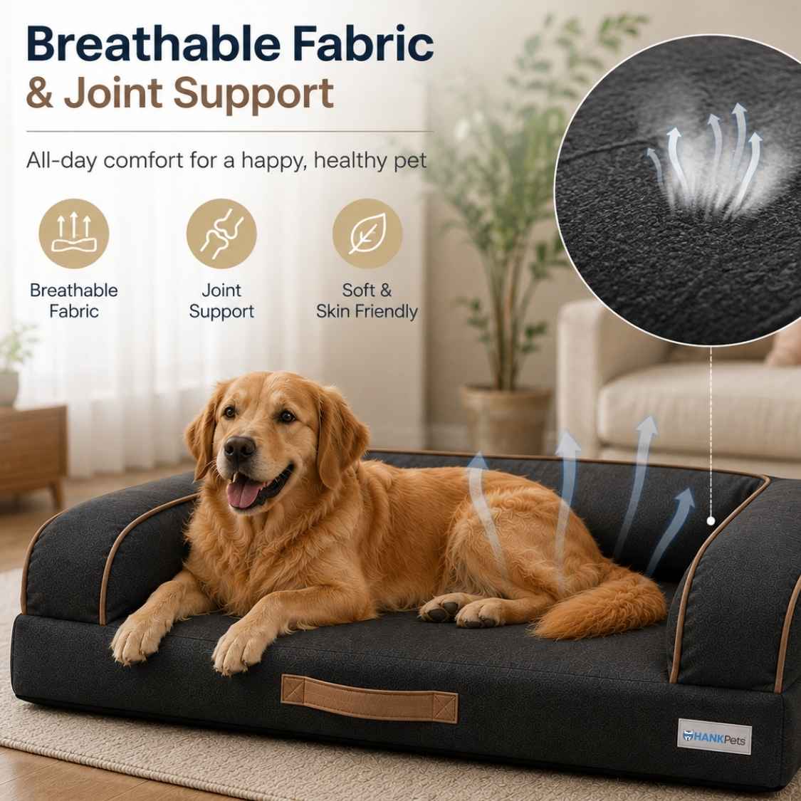 HANK CloudRest Dog Bed – Orthopedic Dog Sofa Bed, Washable & Anti-Slip Pet Bed(Grey Black)