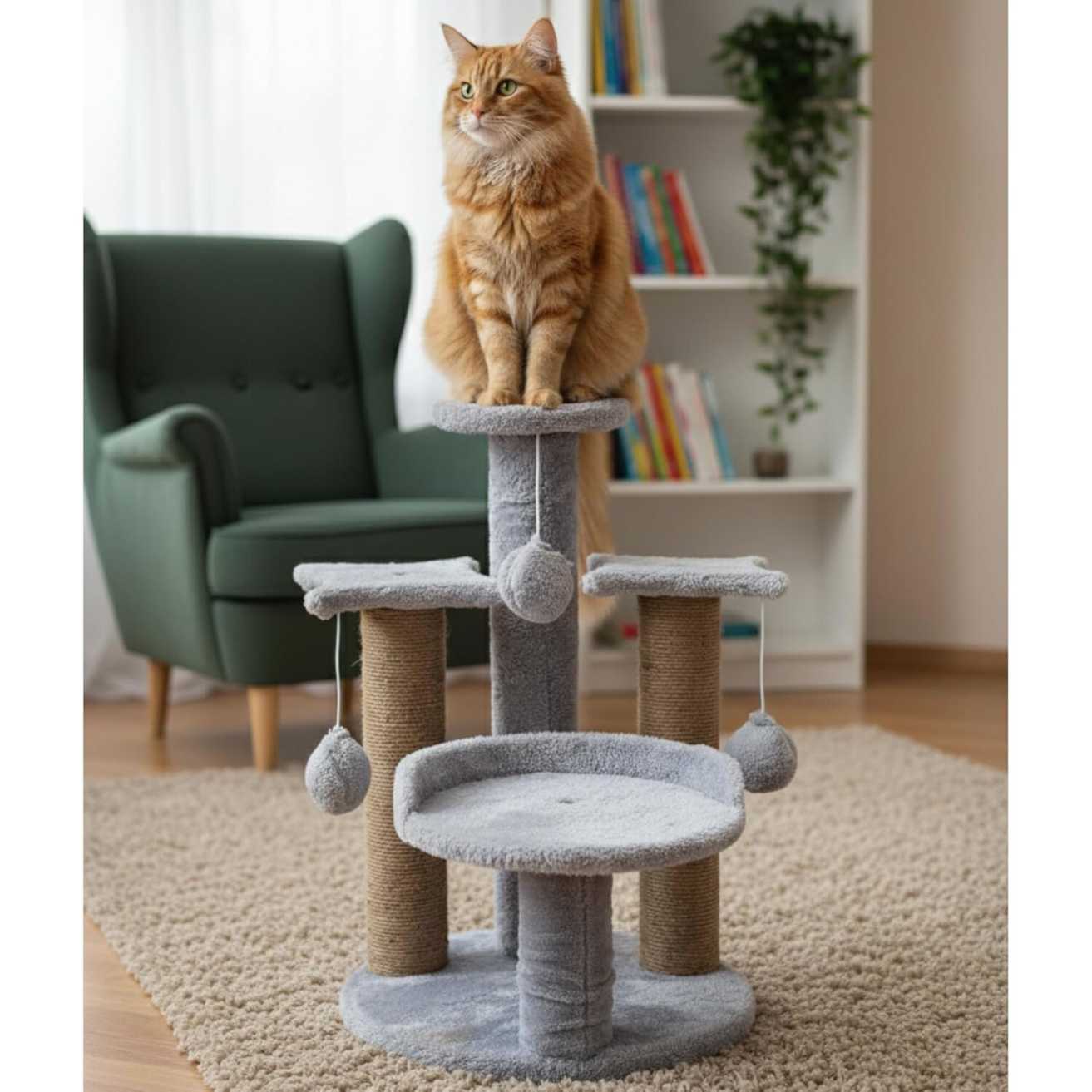Multi-Level Play Cat Tree, Grey and Natural Sisal, 17 Inch Height with Plush Platforms, Scratching Posts, Hanging Balls, Indoor Activity Tower