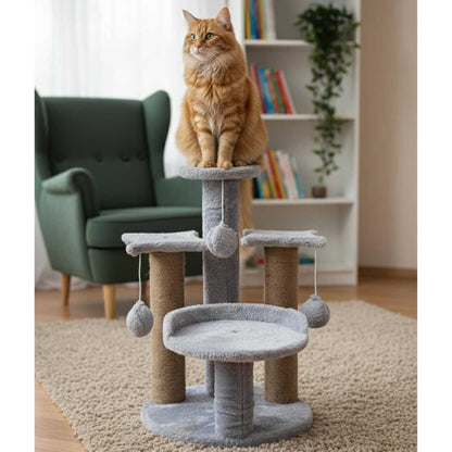 Multi-Level Play Cat Tree, Grey and Natural Sisal, 17 Inch Height with Plush Platforms, Scratching Posts, Hanging Balls, Indoor Activity Tower
