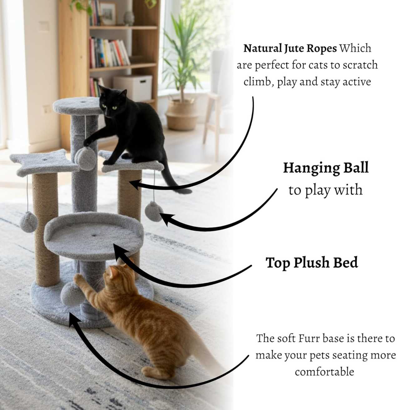 Multi-Level Play Cat Tree, Grey and Natural Sisal, 17 Inch Height with Plush Platforms, Scratching Posts, Hanging Balls, Indoor Activity Tower