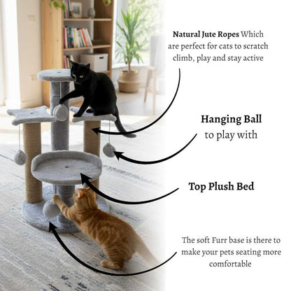 Multi-Level Play Cat Tree, Grey and Natural Sisal, 17 Inch Height with Plush Platforms, Scratching Posts, Hanging Balls, Indoor Activity Tower