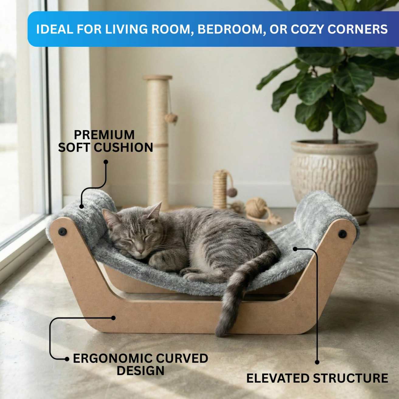 Cat Hammock Bed with Wooden Frame, Plush Grey Cushion, Premium Comfort