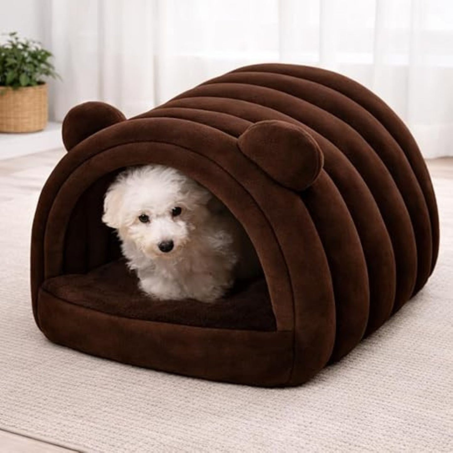 Bear Shape Pet Bed Cave – Soft Plush Indoor Pet House for Cats & Dogs