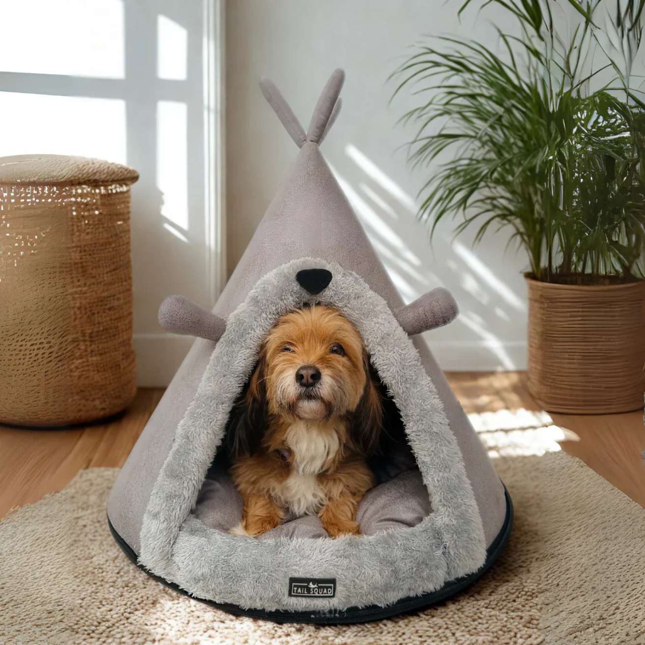 Washable Cozy Dog and Cat Cave Bed (Bear Hugs - Grey)