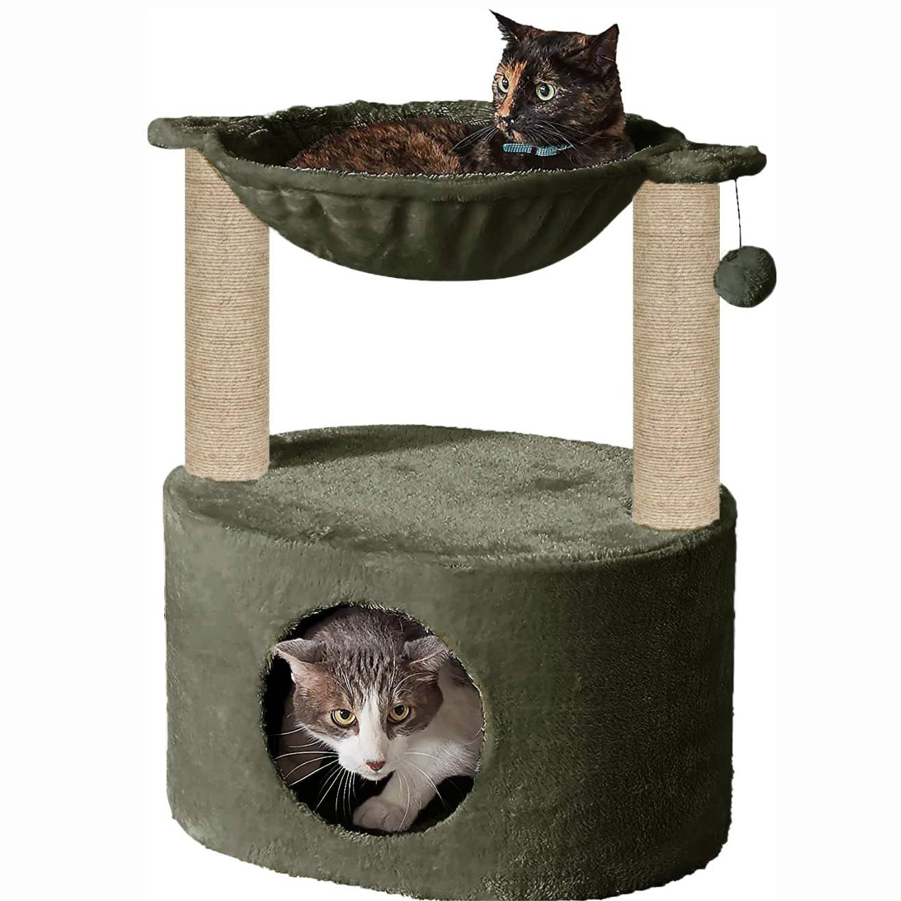 Dual Level Cat Bed and Scratching Post with Hammock, 26 inch Height, 16 Inch Diameter.