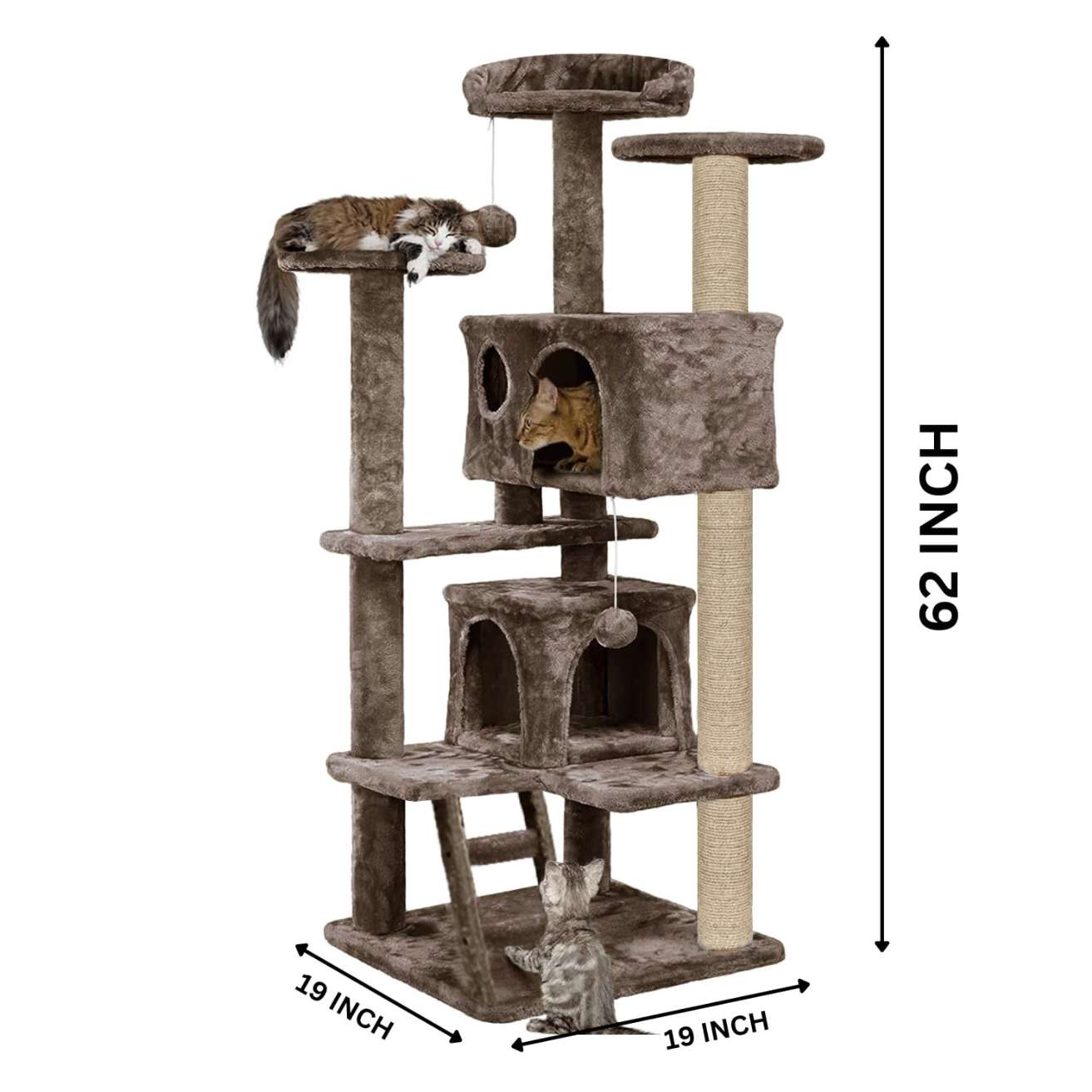 Multiple Condos Kitten Cat Tree - Plush Fur Fabric | Ladder | Top Perches | Playing Balls | Jute Rope Scratching Posts (Height 62 Inch) (Brown)