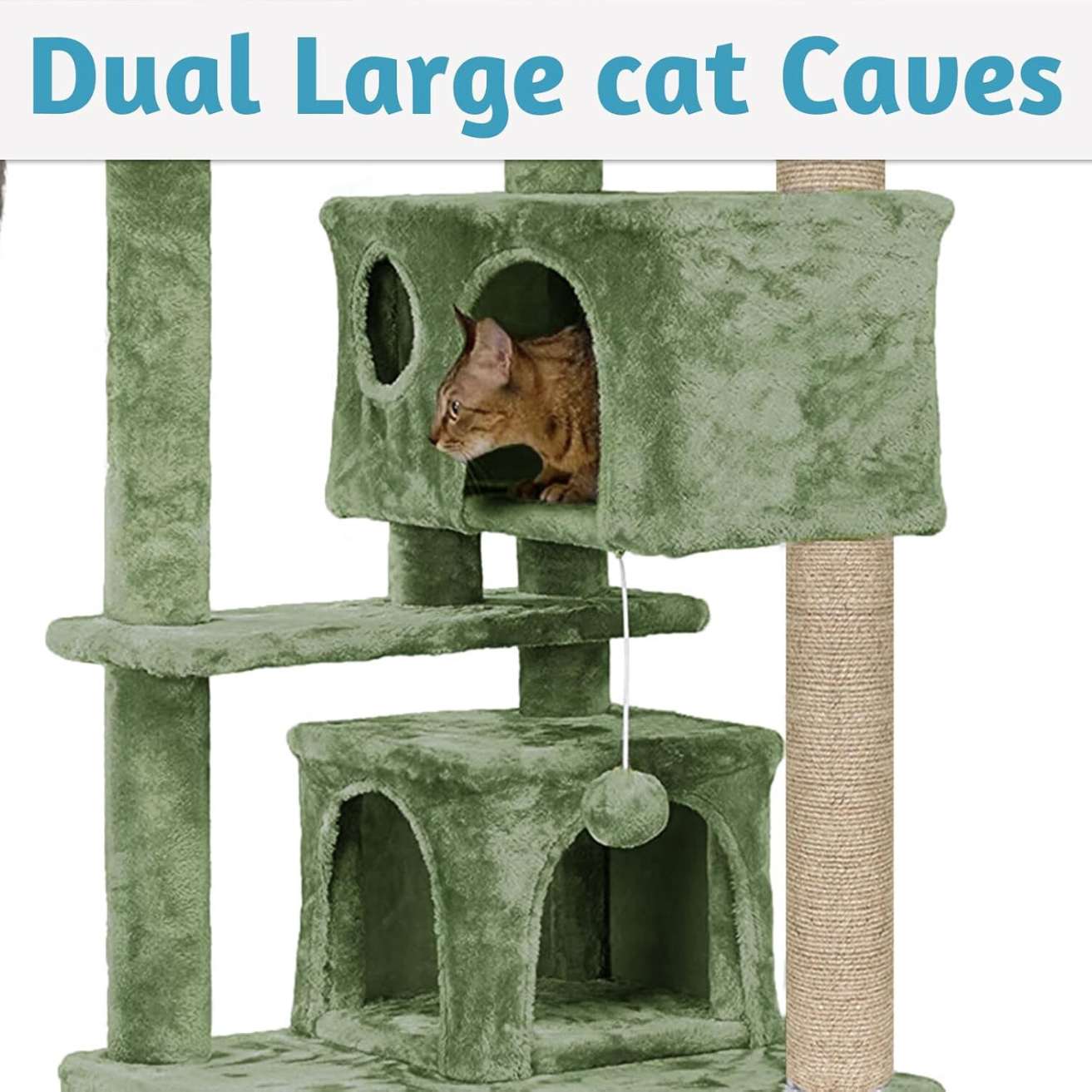 Multiple Condos Kitten Cat Tree - Plush Fur Fabric | Ladder | Top Perches | Playing Balls | Jute Rope Scratching Posts (Height 62 Inch) (Green)