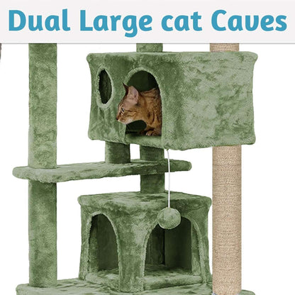 Multiple Condos Kitten Cat Tree - Plush Fur Fabric | Ladder | Top Perches | Playing Balls | Jute Rope Scratching Posts (Height 62 Inch) (Green)