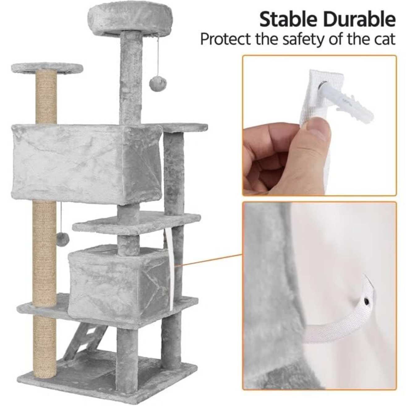 Multiple Condos Kitten Cat Tree - Plush Fur Fabric | Ladder | Top Perches | Playing Balls | Jute Rope Scratching Posts (Height 62 Inch) (Grey)