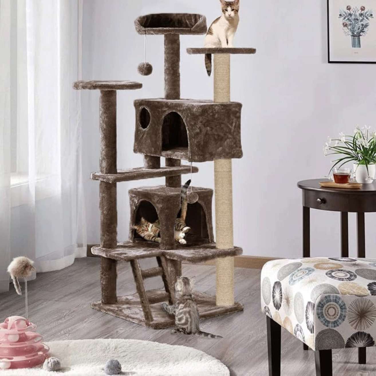 Multiple Condos Kitten Cat Tree - Plush Fur Fabric | Ladder | Top Perches | Playing Balls | Jute Rope Scratching Posts (Height 62 Inch) (Brown)