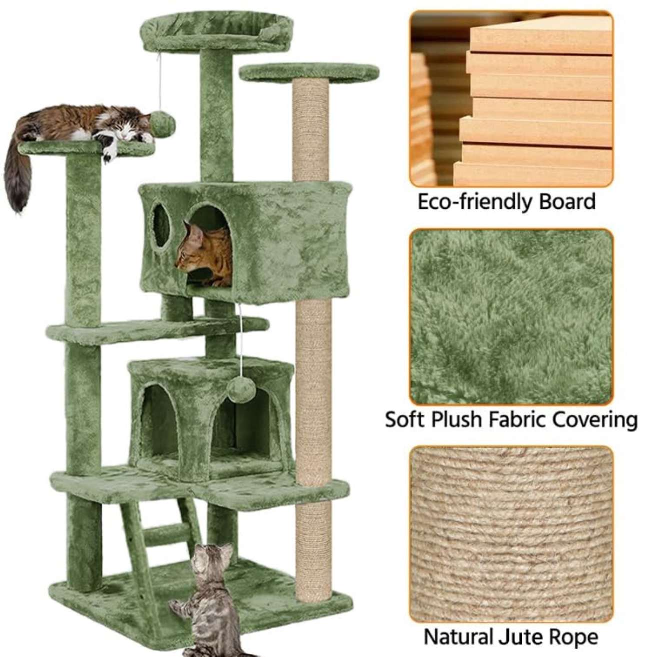 Multiple Condos Kitten Cat Tree - Plush Fur Fabric | Ladder | Top Perches | Playing Balls | Jute Rope Scratching Posts (Height 62 Inch) (Green)
