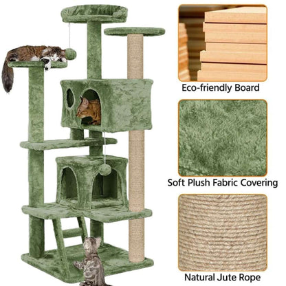 Multiple Condos Kitten Cat Tree - Plush Fur Fabric | Ladder | Top Perches | Playing Balls | Jute Rope Scratching Posts (Height 62 Inch) (Green)