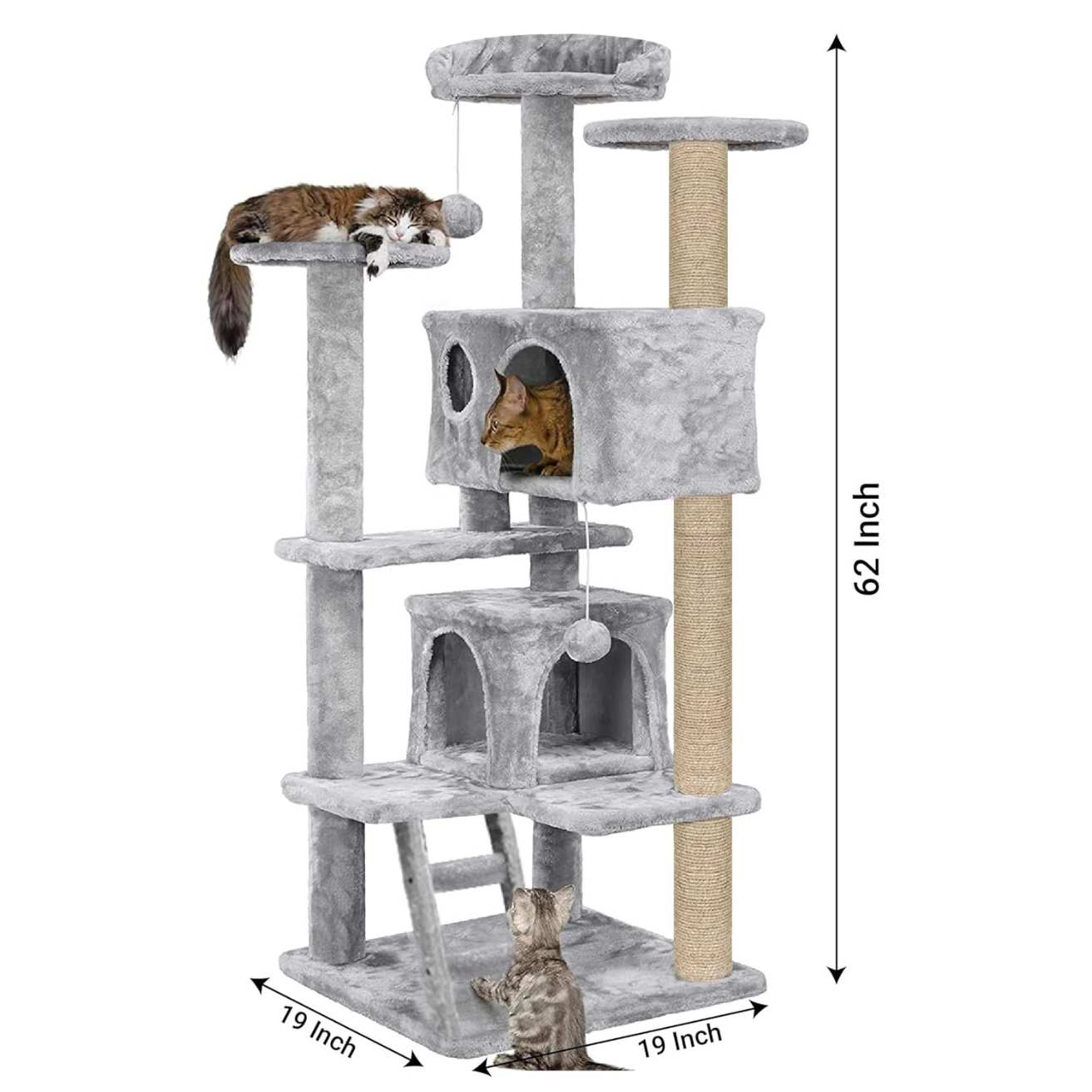 Multiple Condos Kitten Cat Tree - Plush Fur Fabric | Ladder | Top Perches | Playing Balls | Jute Rope Scratching Posts (Height 62 Inch) (Grey)