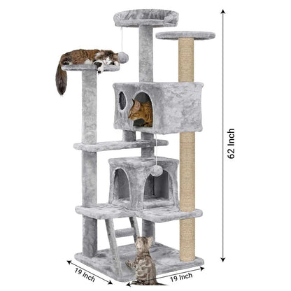 Multiple Condos Kitten Cat Tree - Plush Fur Fabric | Ladder | Top Perches | Playing Balls | Jute Rope Scratching Posts (Height 62 Inch) (Grey)