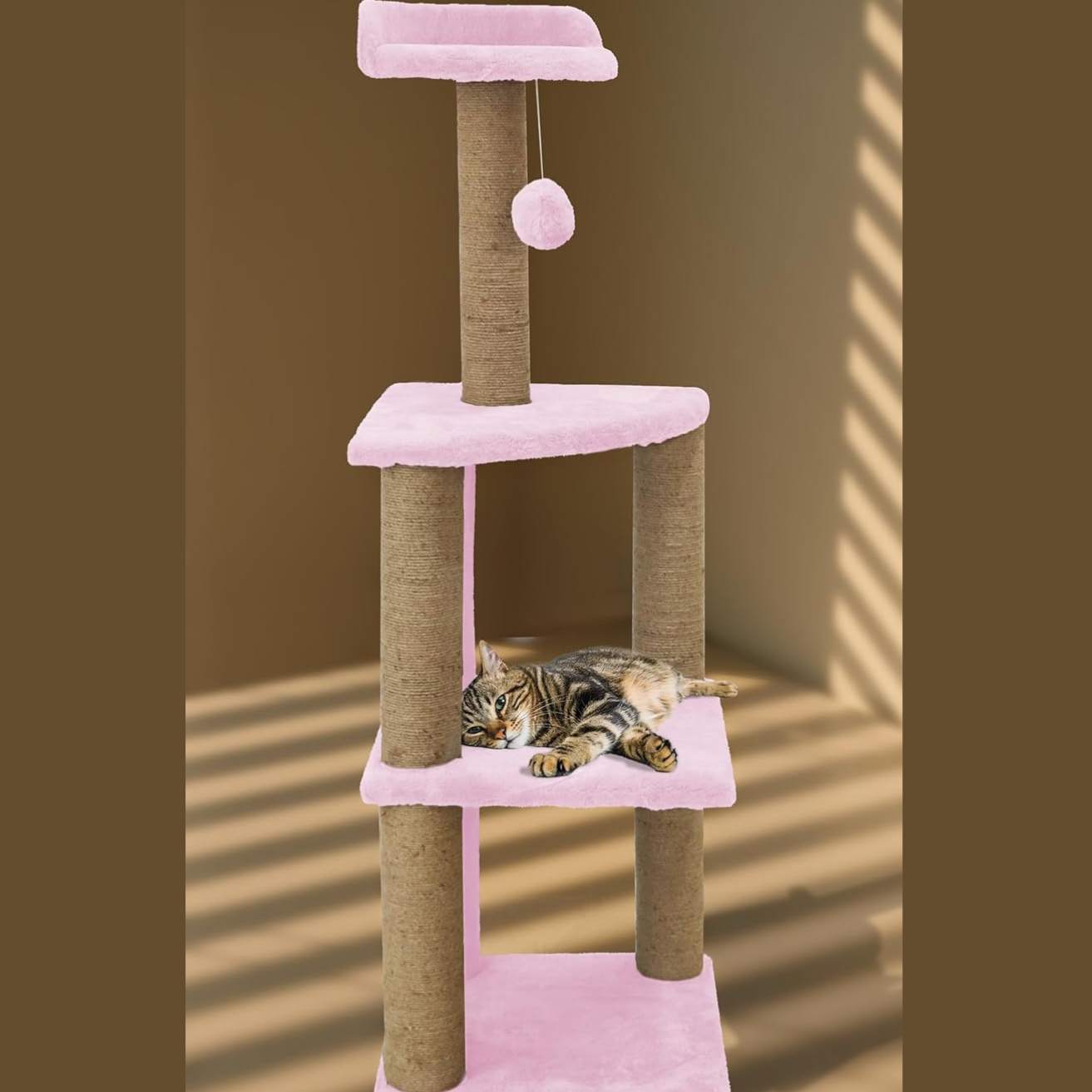 Soft Fur Activity Cat Tree for Kittens & Cats - Scratching Post, Natural Sisal Rope, Three Floor Tower, Hanging Ball (Height 47 Inch)