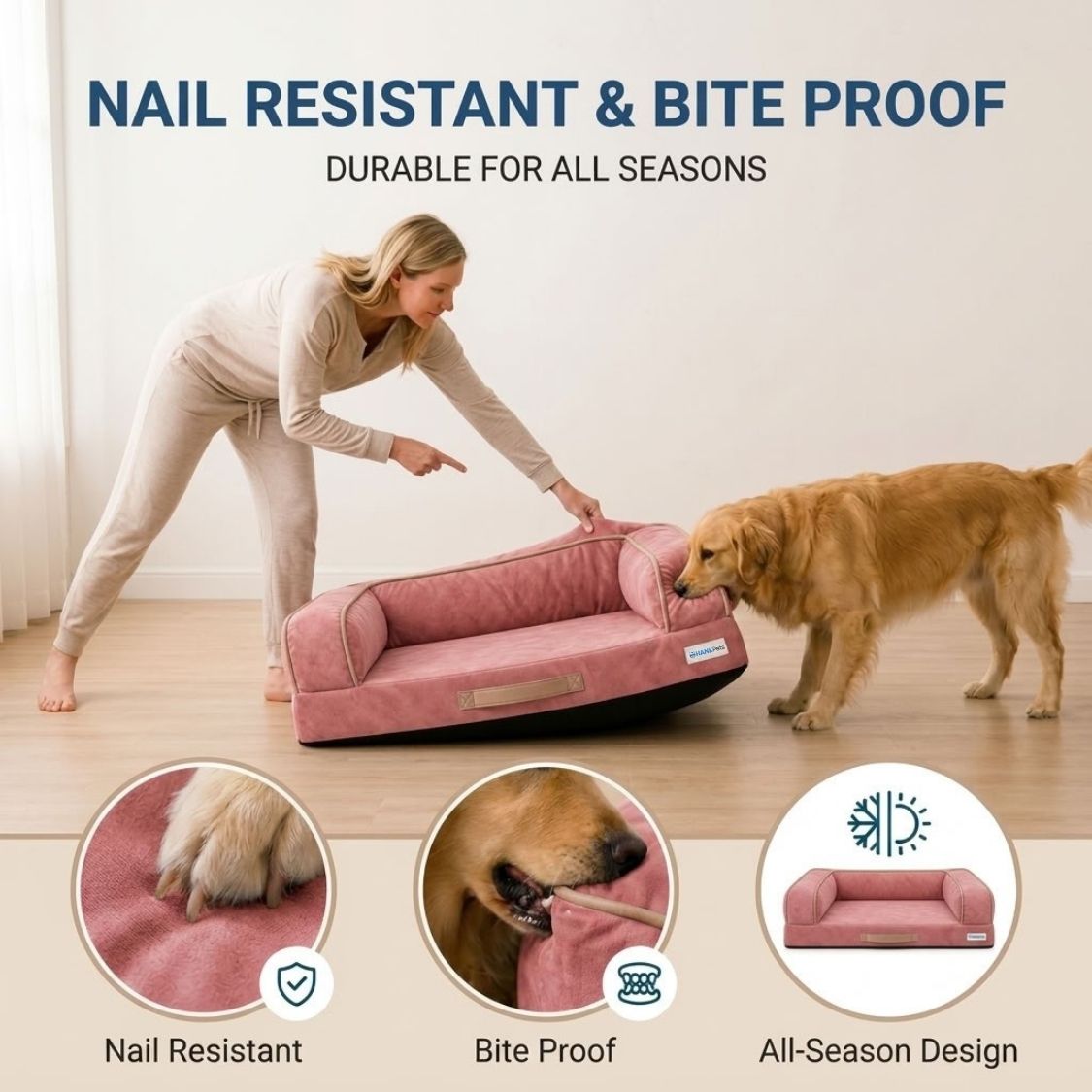 HANK CozyHaven Premium Orthopedic Sofa Dog Bed | Anti Skid & Machine Washable(Pink)