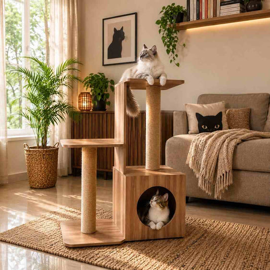 Modern Wooden Cat Tower with Scratcher & Condo