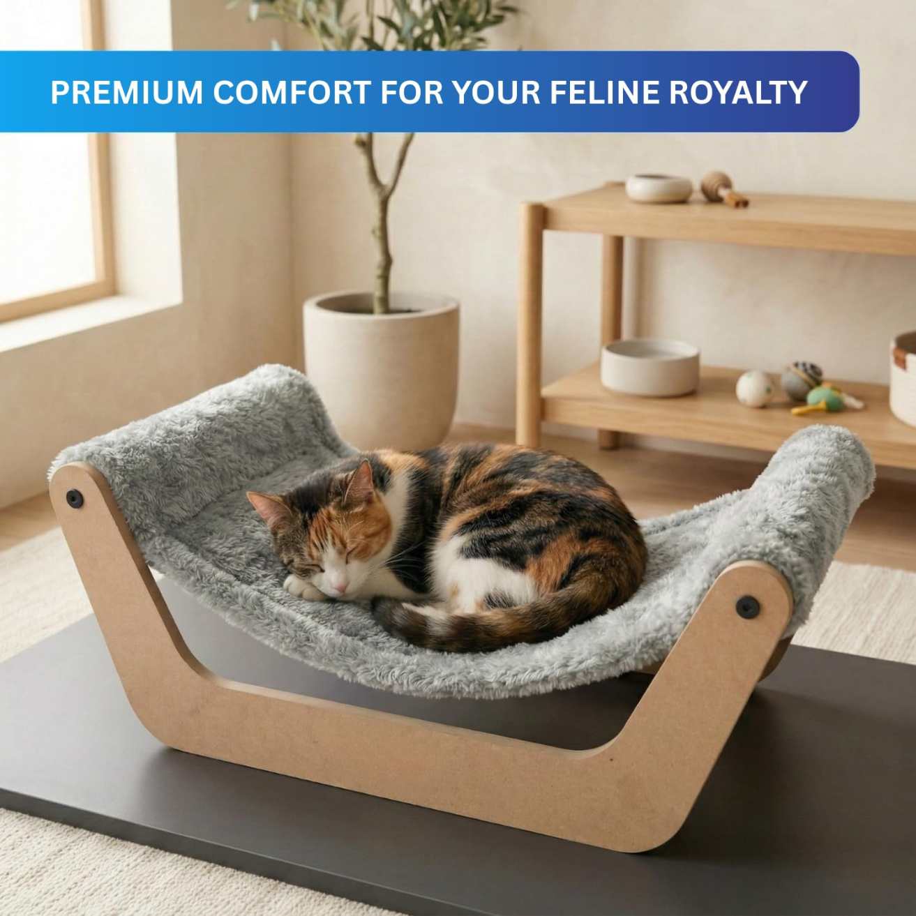 Cat Hammock Bed with Wooden Frame, Plush Grey Cushion, Premium Comfort
