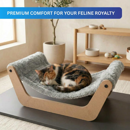 Cat Hammock Bed with Wooden Frame, Plush Grey Cushion, Premium Comfort