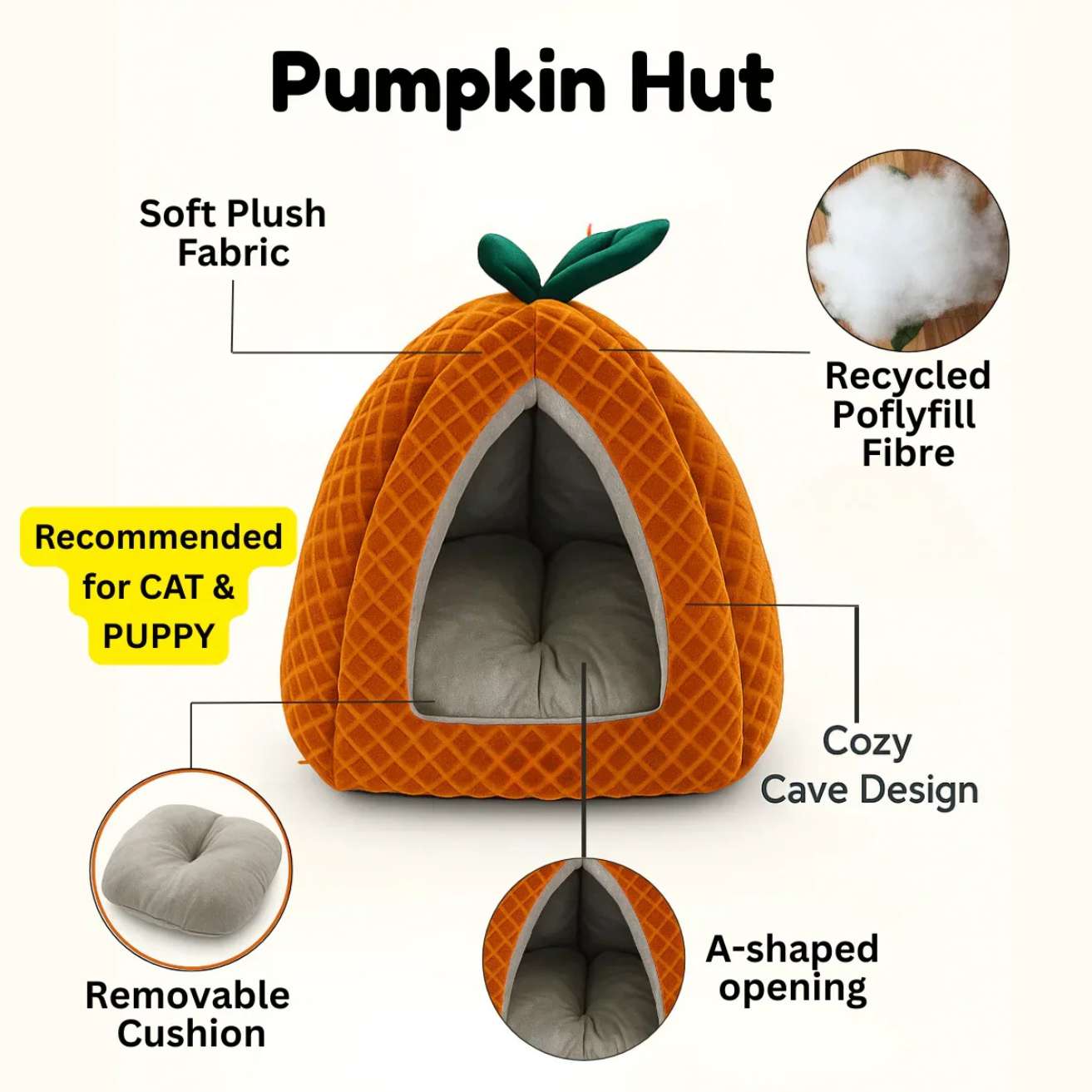 Premium Soft Pumpkin-Shaped Cats & Dogs Hut (Rust)