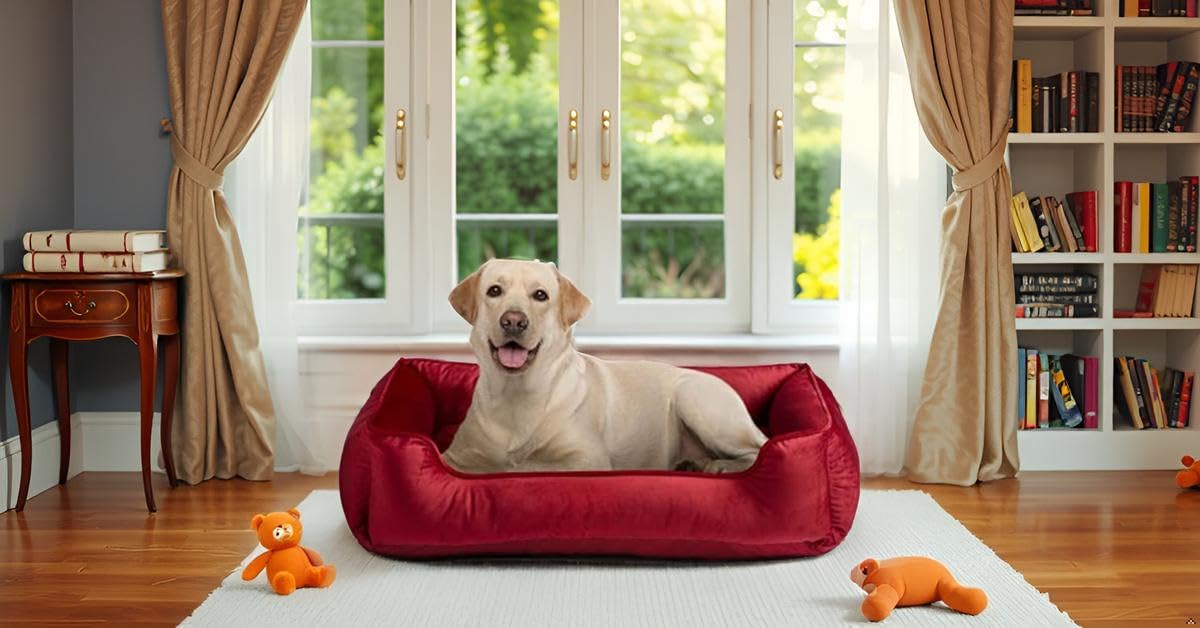 Luxury Velvet Reversible Dog & Cat Bed | Ultra Soft Square Pet Sofa Bed (Red)