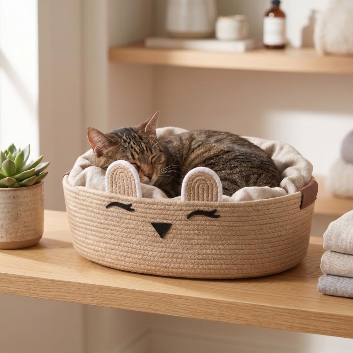 Small Dog & Cat Bed | Round Woven Cotton Rope Basket for Napping