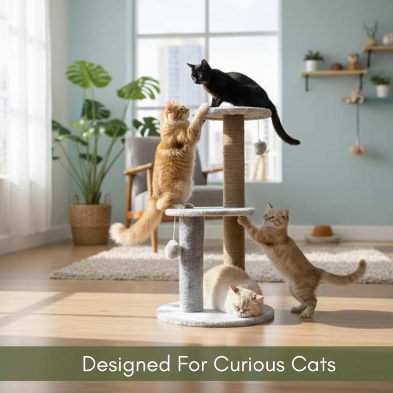 Cat Tree Tower with Scratching Posts, Grey, 3-Tier Multi-Level, Plush Platforms, Natural Rope Posts, Hanging Toys
