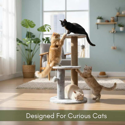 Cat Tree Tower with Scratching Posts, Grey, 3-Tier Multi-Level, Plush Platforms, Natural Rope Posts, Hanging Toys