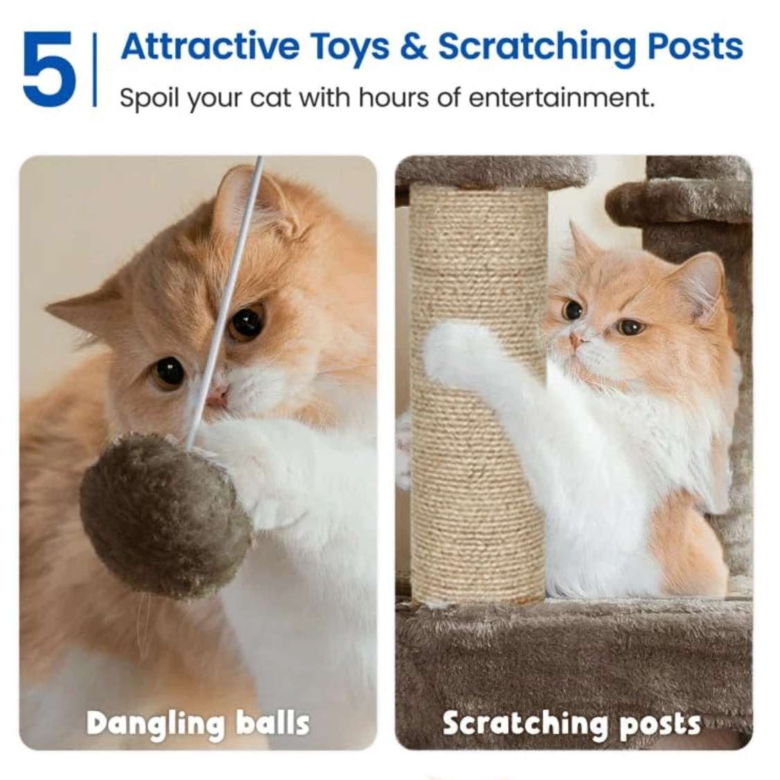 Multilevel Fur Fabric Cat Tree - Multiple Condos | Hanging Ball | Cat House | Jute Rope Scratching Posts | for Adult Cats & Kittens