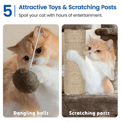Multilevel Fur Fabric Cat Tree - Multiple Condos | Hanging Ball | Cat House | Jute Rope Scratching Posts | for Adult Cats & Kittens