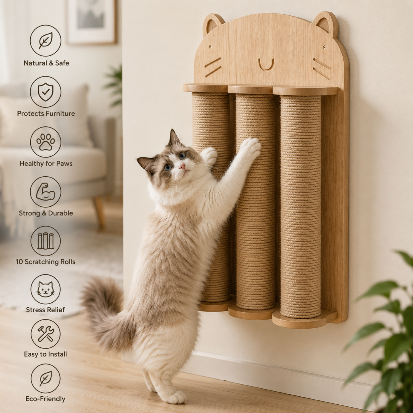 ScratchShield Wall Cat Scratcher – Wall Mounted Cat Scratching, Vertical Sisal Scratcher