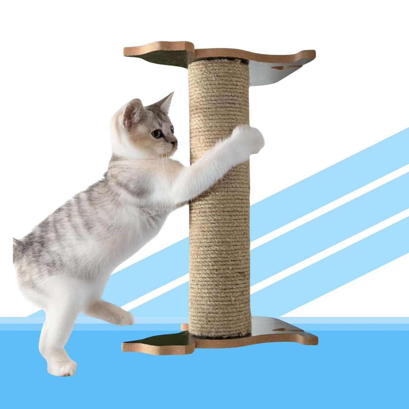 Cat Shaped Scratching Post with Natural Rope, Wooden Base Design, Wall-Mounted Horizontal and Vertical Options (15x9.5 inch)