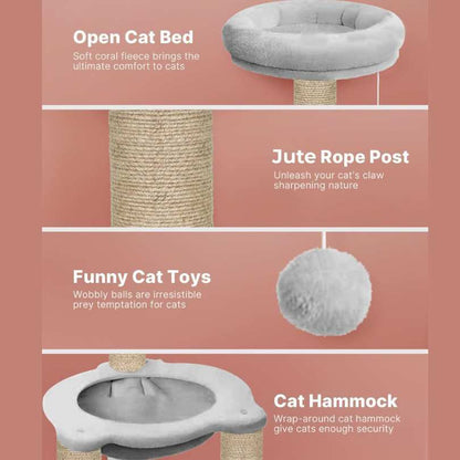 Scratching Post Cat Kitten Tree | Fleece Fabric | Hanging Toy | Hammock | Jute Rope (16 x 16 x 35 inch)