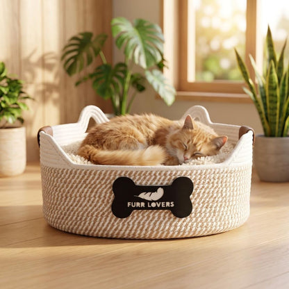 Rope Cat Bed | Round Pet Basket with Raised Sides for Cats & Small Dogs