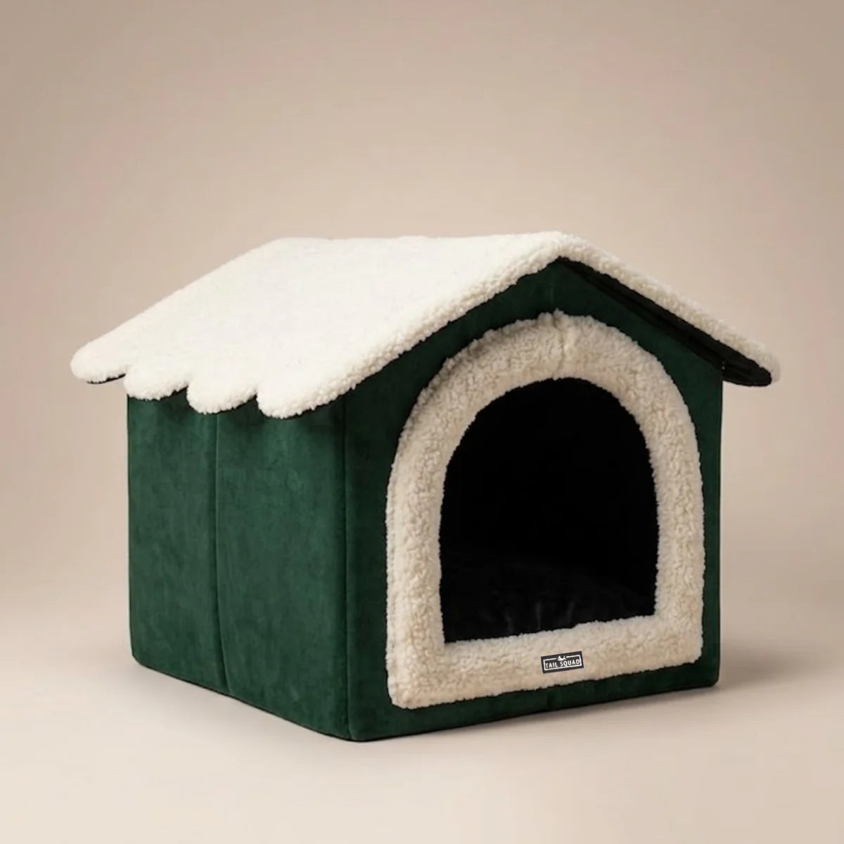 Tail Squad green and white sherpa-lined indoor plush dog house bed and cat cave.