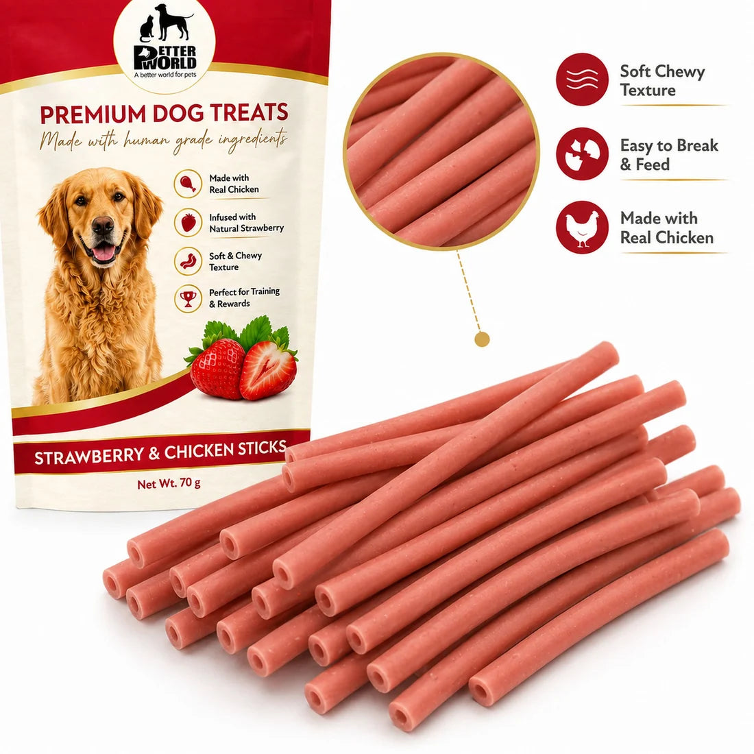 Dog Soft Treats | Chicken Sticks Dog Treats with Air Dried Strawberry 70g