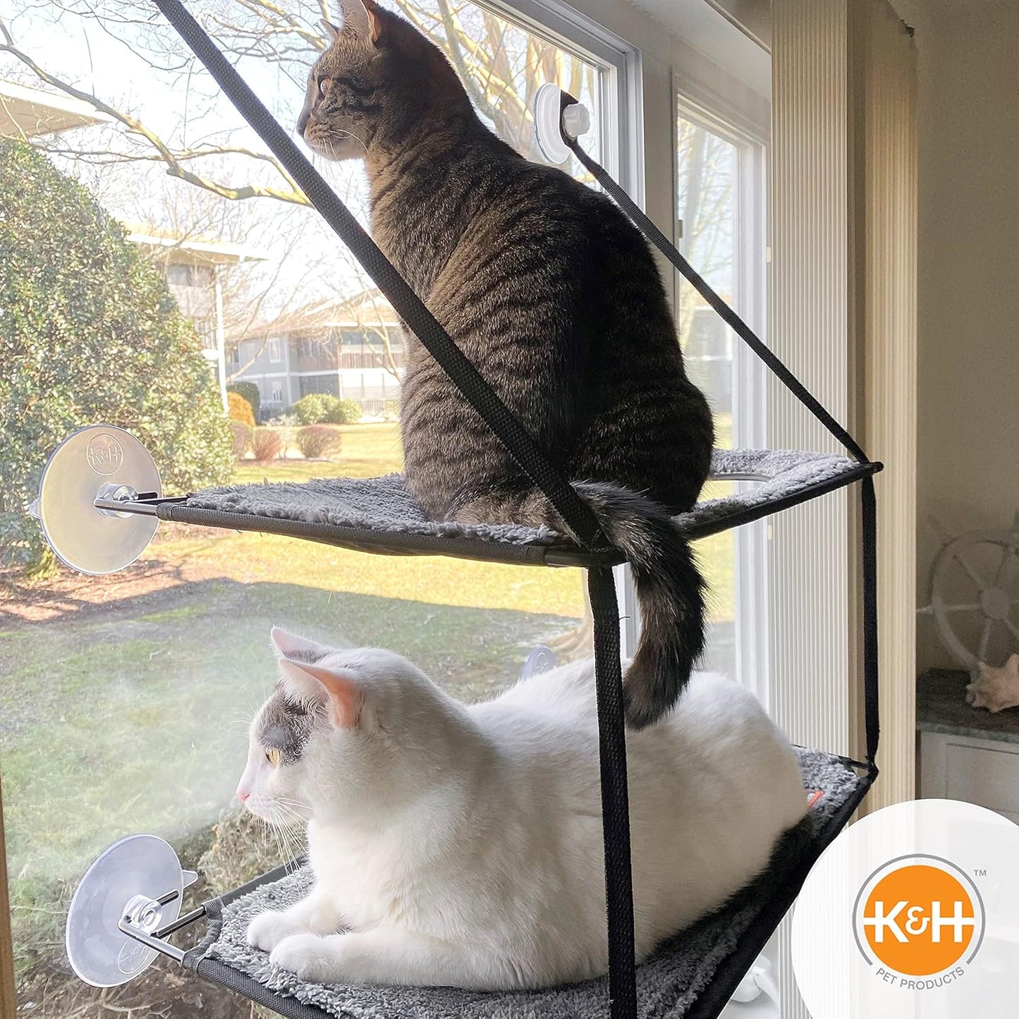 Double Stack Cat Window Perch Hammock Bed | Suction Mount Kitty Sill Seat Gray 12x23 Inch