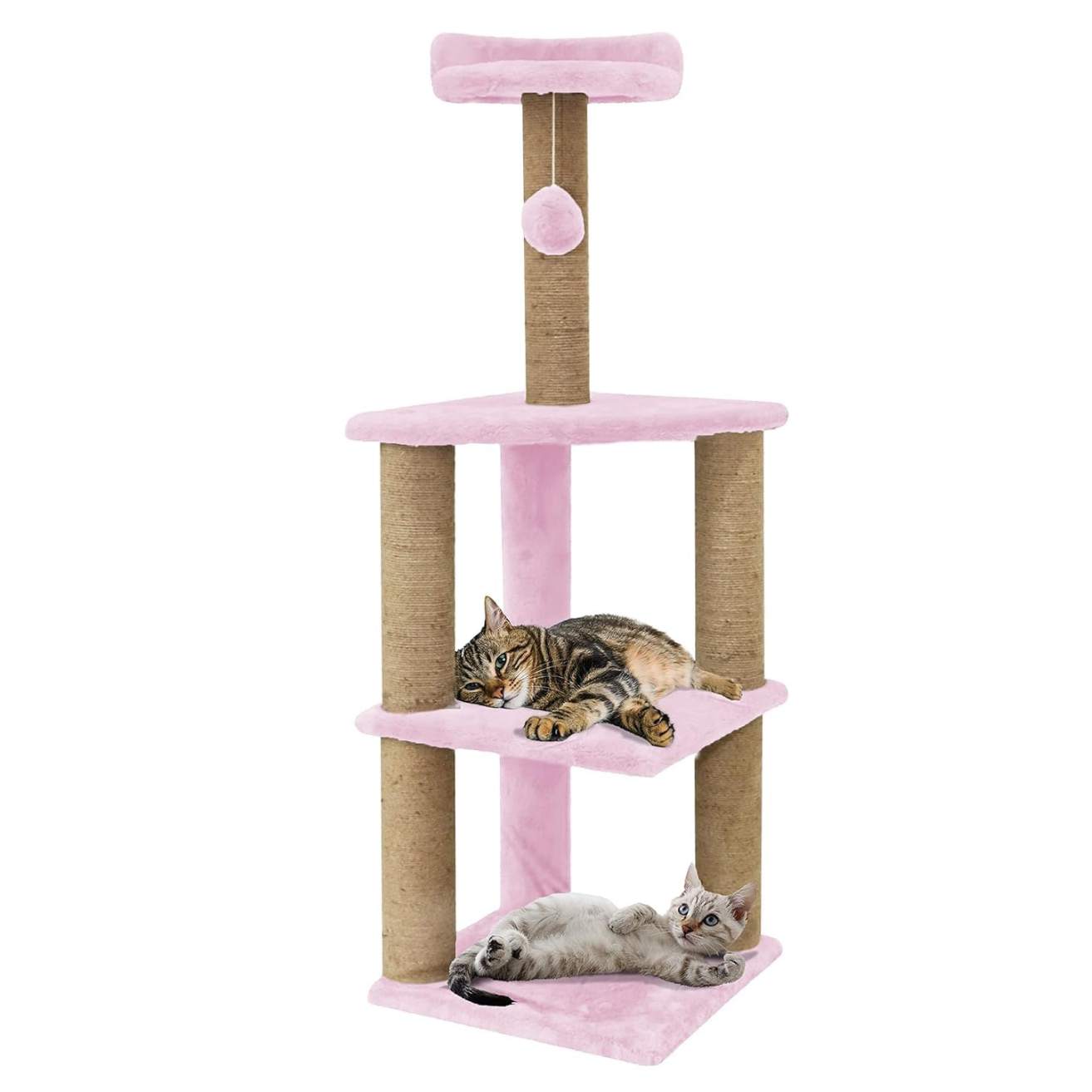 Soft Fur Activity Cat Tree for Kittens & Cats - Scratching Post, Natural Sisal Rope, Three Floor Tower, Hanging Ball (Height 47 Inch)