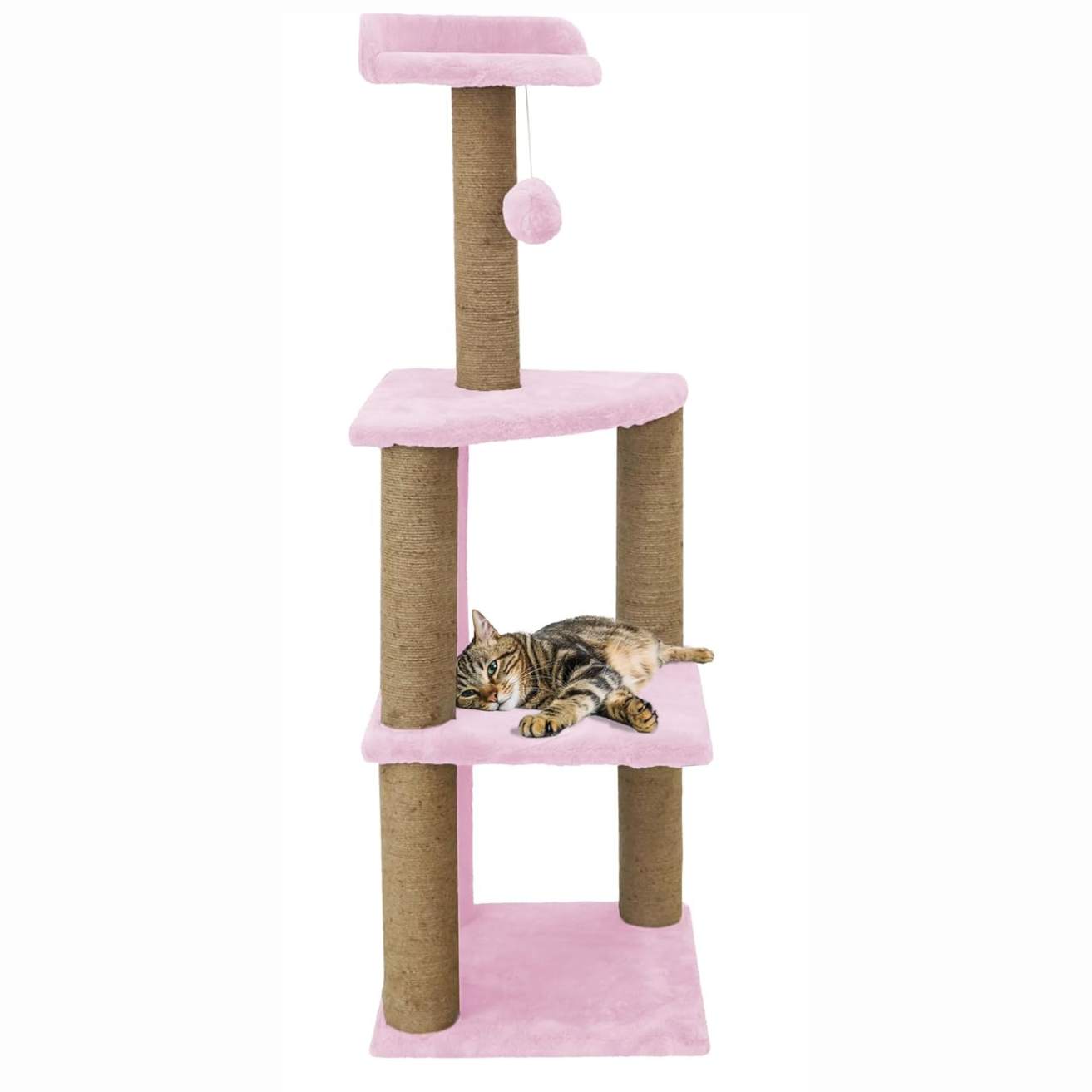 Soft Fur Activity Cat Tree for Kittens & Cats - Scratching Post, Natural Sisal Rope, Three Floor Tower, Hanging Ball (Height 47 Inch)