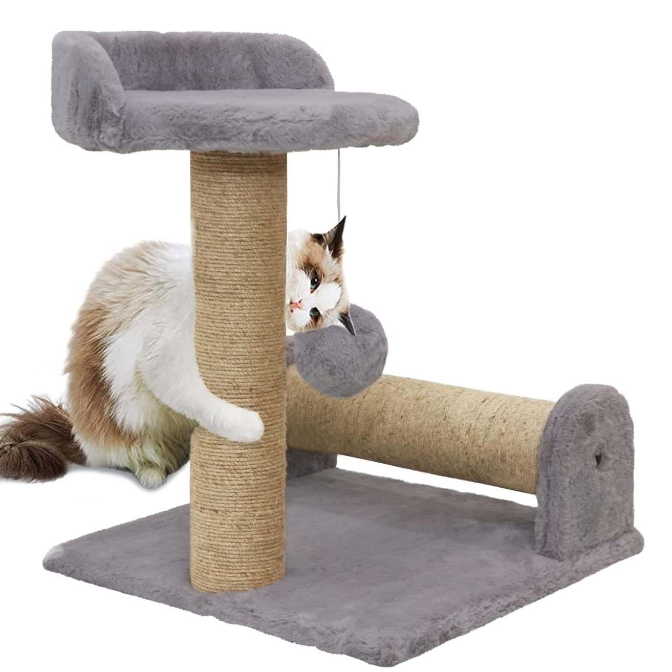 Soft Fur Fabric Activity Dual Jute Rope Scratching Post Cat Tree for Kittens & Cats (Height 16 Inch) (Grey)