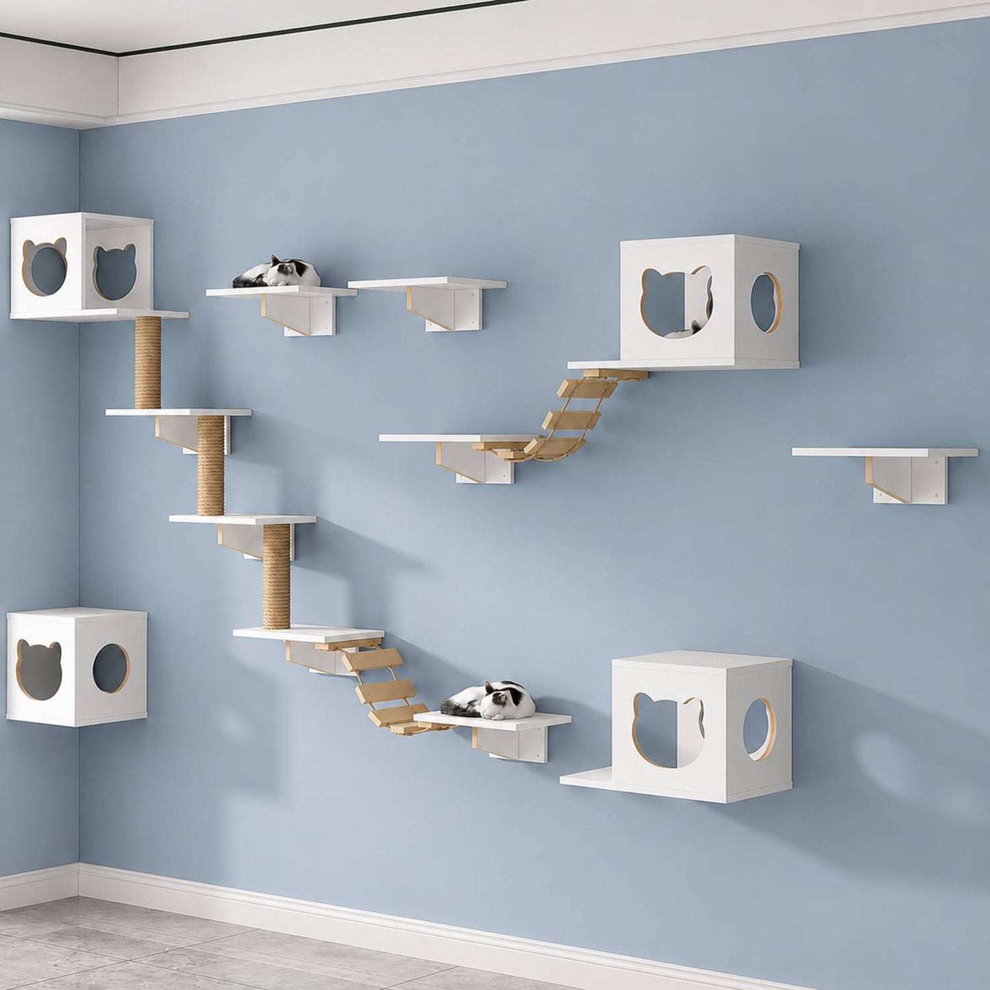 Wall Mounted Cat Tree | Cat Climbing Wall with Bridge & Hideout | Multi-Cat Gym