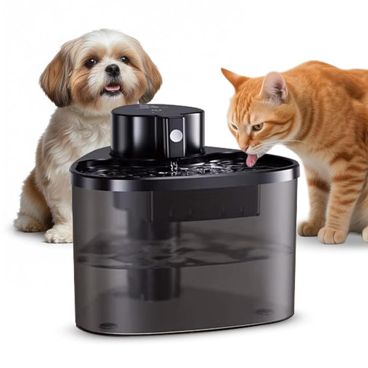 Package contents infographic for pet water fountain, including tank, filter, pump, and sink.