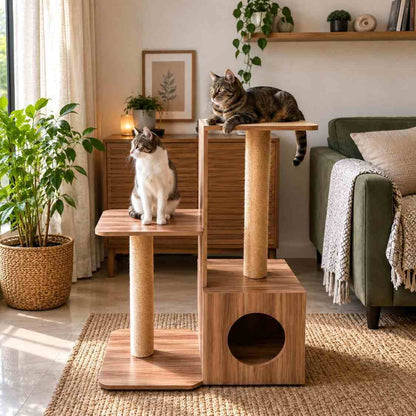 Modern Wooden Cat Tower with Scratcher & Condo